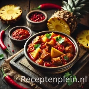 Een rustieke foodfoto van pittige varkensvleesstoof met stukjes ananas, rode peper en paprika in een rode saus, geserveerd in een kom op een houten tafel met verse ananas en kruiden eromheen.