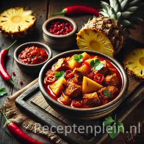Een rustieke foodfoto van pittige varkensvleesstoof met stukjes ananas, rode peper en paprika in een rode saus, geserveerd in een kom op een houten tafel met verse ananas en kruiden eromheen.