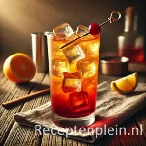 Planters punch cocktail op een rustieke houten tafel.