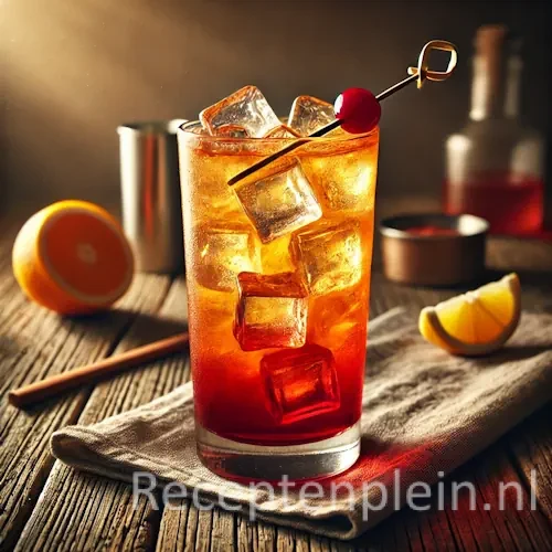 Planters punch cocktail op een rustieke houten tafel.