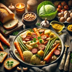 Traditioneel Frans stoofgerecht met gerookt vlees, saucijsjes, wortel, kool, aardappelen en bonen, geserveerd met bouillon, stokbrood en Dijonmosterd op een houten tafel.