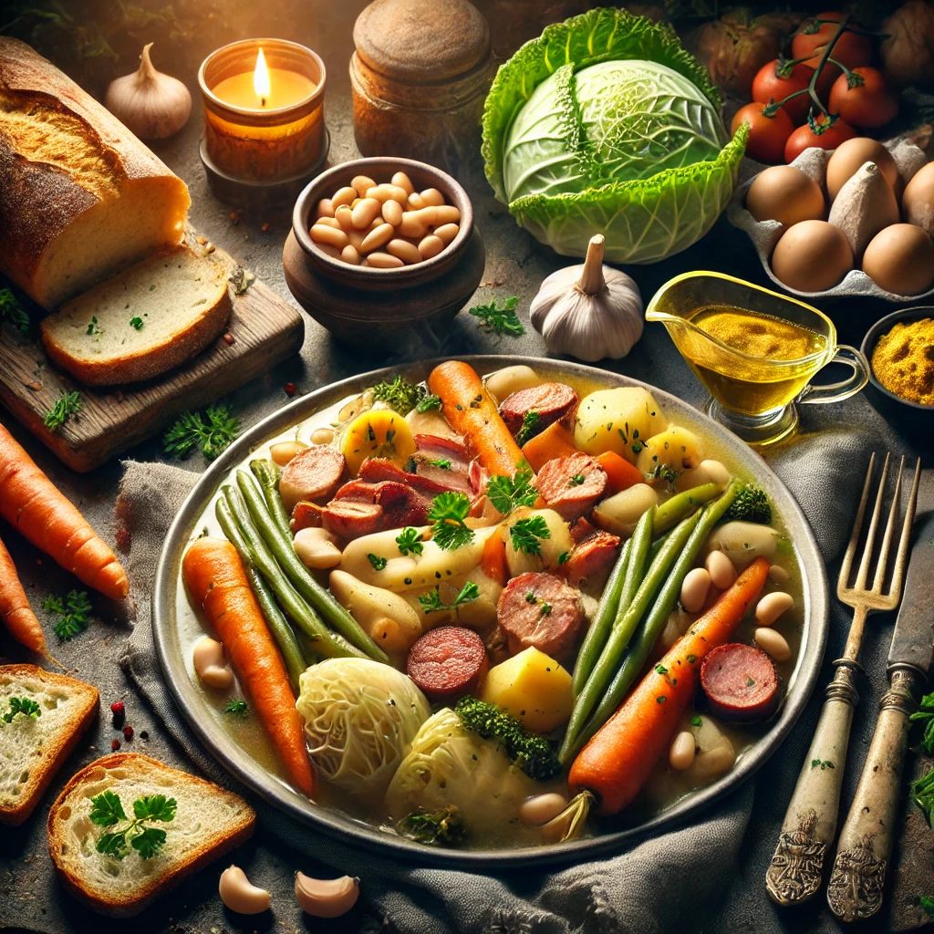 Traditioneel Frans stoofgerecht met gerookt vlees, saucijsjes, wortel, kool, aardappelen en bonen, geserveerd met bouillon, stokbrood en Dijonmosterd op een houten tafel.