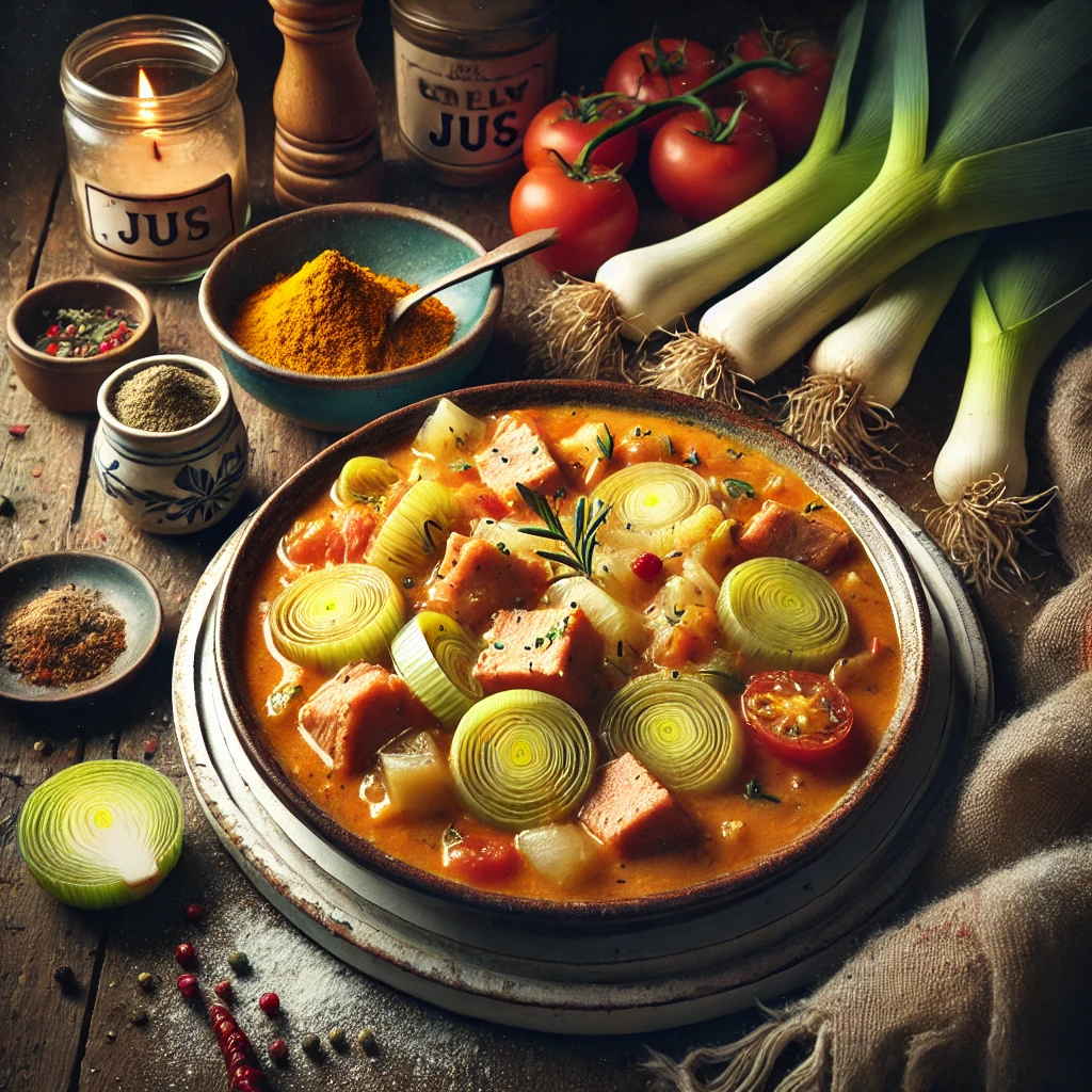 Stoofgerecht met varkensvlees, prei en kerriesaus met tomatenpuree, geserveerd in een rustieke schaal op een houten tafel, omringd door verse ingrediënten en warme verlichting.