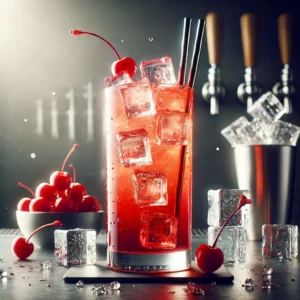 Red Breeze cocktail met een gelaagde rode tint, geserveerd in een hoog glas gevuld met ijsblokjes, gegarneerd met twee metallic rietjes en een maraschinokers, op een moderne bar met verspreide ijsblokjes en een schaaltje kersen.