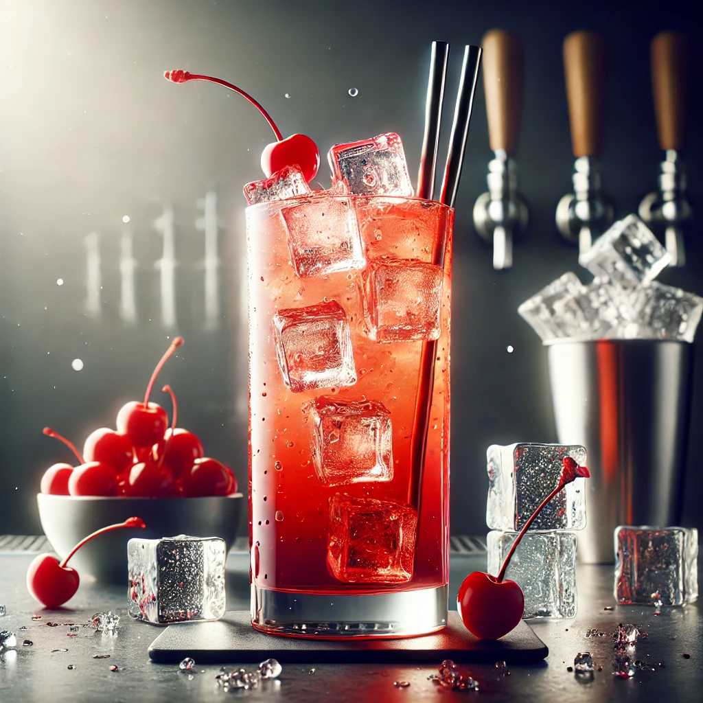 Red Breeze cocktail met een gelaagde rode tint, geserveerd in een hoog glas gevuld met ijsblokjes, gegarneerd met twee metallic rietjes en een maraschinokers, op een moderne bar met verspreide ijsblokjes en een schaaltje kersen.