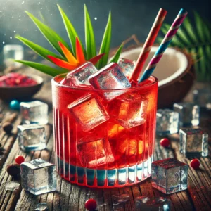 Red Caribbean cocktail met een felrode kleur, geserveerd in een whiskeyglas gevuld met ijsblokjes, gegarneerd met twee kleurrijke rietjes, op een rustieke houten tafel met verspreide ijsblokjes en een tropische decoratie.