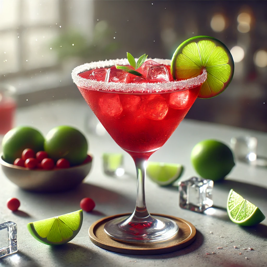 Red Limes cocktail met een helderrode kleur, geserveerd in een elegant cocktailglas, gegarneerd met een schijfje limoen, op een moderne bar met verspreide limoenpartjes, rode bessen en ijsblokjes.