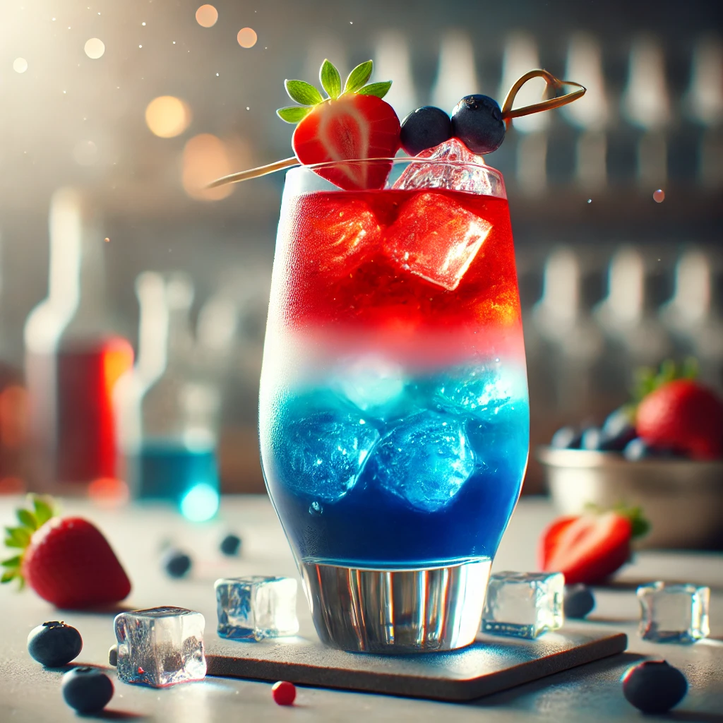 Red, White, and Blue cocktail met lagen van helder rood, wit en blauw, geserveerd in een hoog glas, gegarneerd met een spiesje van aardbeien en blauwe bessen, op een strakke bar met verspreide bessen en ijsblokjes.