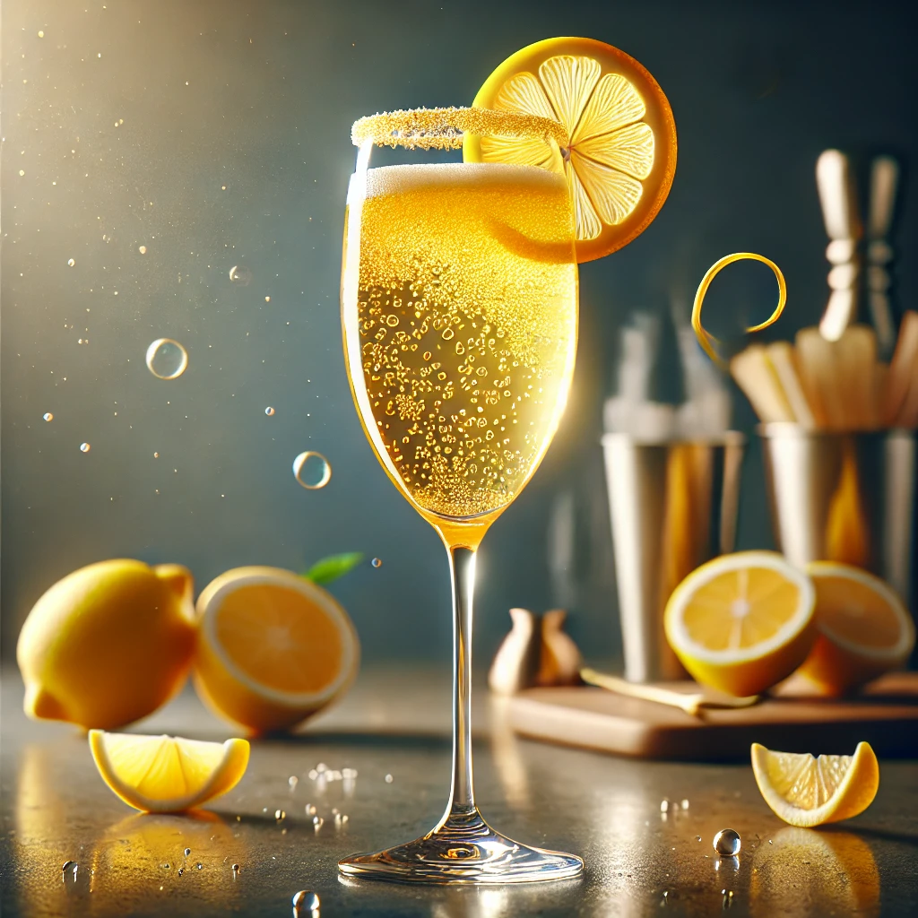 Ritz Fizz cocktail met een gouden kleur en fijne bubbels, geserveerd in een champagneflûte, gegarneerd met een citroenschil, op een strakke bar met verspreide citroenschijfjes en een feestelijke uitstraling.