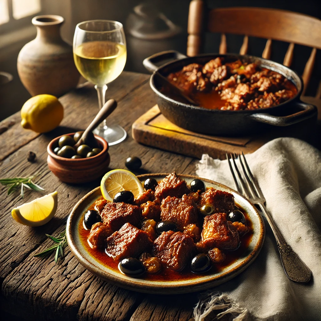 Traditioneel Portugees stoofgerecht met malse varkensblokjes, geserveerd met citroen en olijven op een rustieke houten tafel.