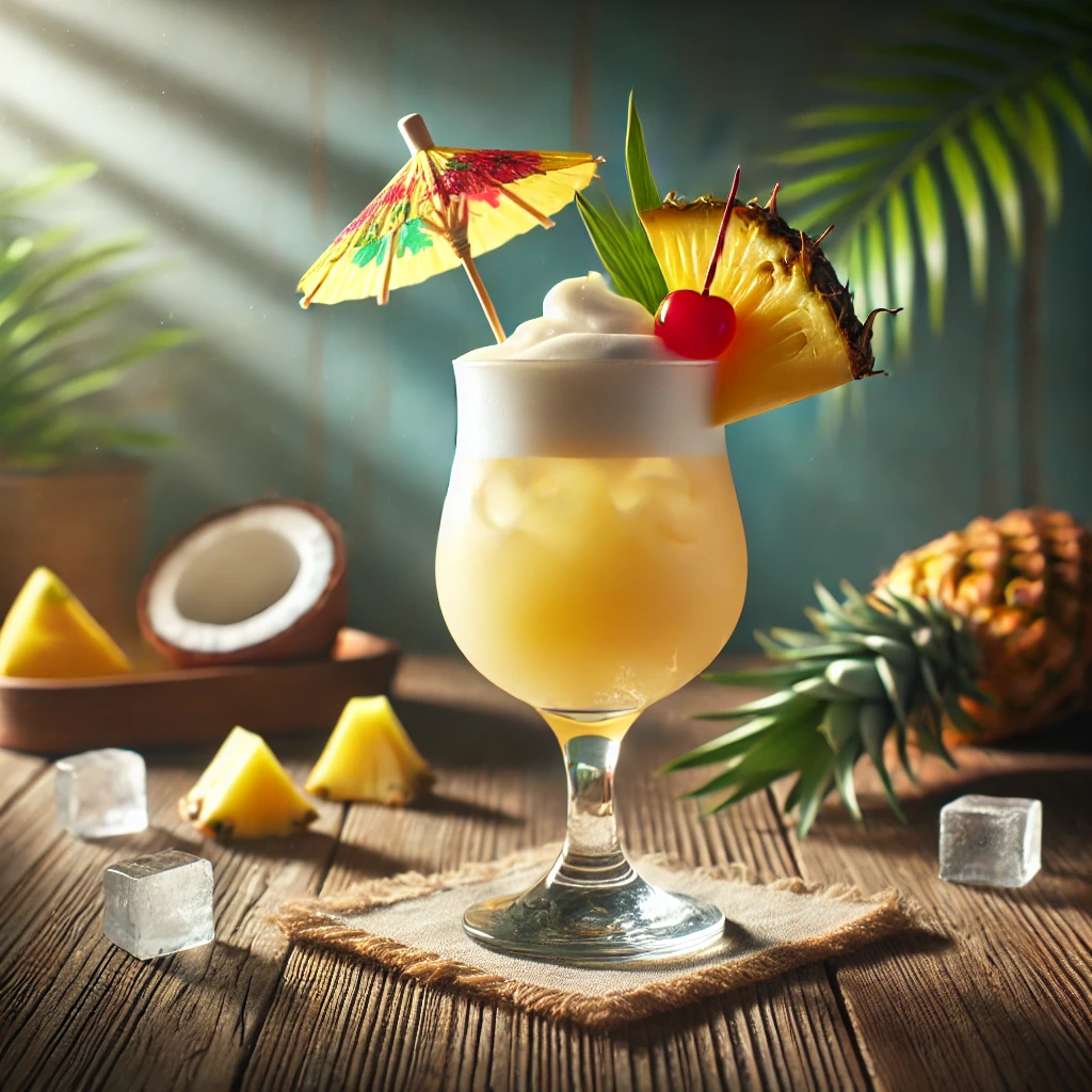 Royal Chi Chi cocktail met een romige lichtgele kleur, geserveerd in een hoog glas, gegarneerd met een schijfje ananas, een maraschinokers en een kleurrijk cocktailparapluutje, op een houten tafel met tropische decoraties, ananasstukjes en ijsblokjes.