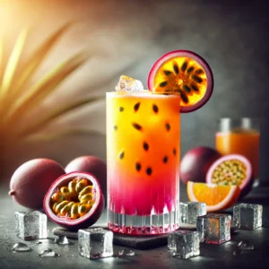 Rusky Passion cocktail met een helder oranje-roze kleurverloop, geserveerd in een stijlvol hoog glas, gegarneerd met een schijfje sinaasappel en een halve passievrucht, op een moderne bar met ijsblokjes en sinaasappelpartjes.
