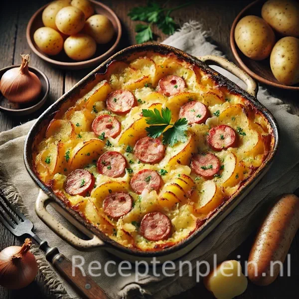 Een rustieke foodfoto van een traditionele Saarlandse aardappelworstschotel met plakjes worst, aardappelen en uien in een romige saus met goudbruine korst, geserveerd in een ovenschaal op een donkere houten tafel met aardappelen en peterselie eromheen.