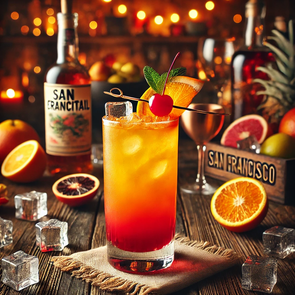 Een stijlvol gepresenteerde San Francisco cocktail, geserveerd in een hoog longdrinkglas op een rustieke houten tafel. De cocktail heeft een levendig kleurverloop van oranje naar rood, gevuld met ijsblokjes. Het glas is gegarneerd met een felrode cocktailkers. De setting is aangekleed met verspreide citrusschijfjes, ijsblokjes en warme sfeerverlichting. 🍹🍒✨