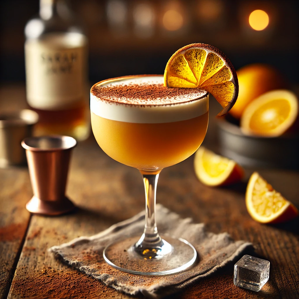 De Sarah Jane cocktail is elegant gepresenteerd in een stijlvol cocktailglas met een zachte gouden-oranje kleur en een romige textuur. De afwerking bestaat uit een subtiele strooiing van cacaopoeder en een verfijnde twist van sinaasappelschil. De sfeervolle setting bevat warme verlichting, verspreide citrusschijfjes en ijsblokjes. Laat me weten wat je ervan vindt! 🍸✨🍊