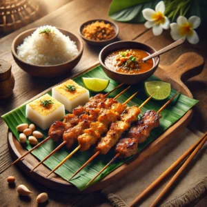 Javaanse Saté Babi Madura met pindasaus, lontong en atjar, geserveerd op een rustieke houten tafel met tropische sfeer.