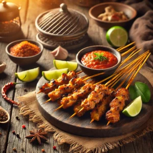 Gekruide Indonesische varkenssaté op een rustieke houten schaal, geserveerd met sambal en limoenpartjes. Perfect voor op de barbecue.