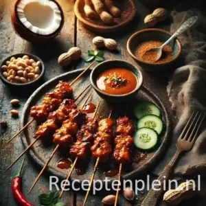 Een rustieke foodfoto van satéspiesjes met gegrild varkensvlees, overgoten met romige santensaus, geserveerd op een bord met komkommer en rode peper, op een houten tafel met pinda’s en kokos eromheen.