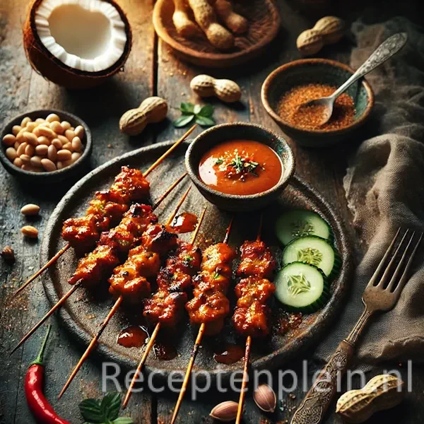 Een rustieke foodfoto van satéspiesjes met gegrild varkensvlees, overgoten met romige santensaus, geserveerd op een bord met komkommer en rode peper, op een houten tafel met pinda’s en kokos eromheen.