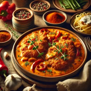 Gebakken schnitzels in een romige oranje paprikasaus met paprika, knoflook, ui en crème fraîche, geserveerd met pasta en snijbonen op een houten tafel.