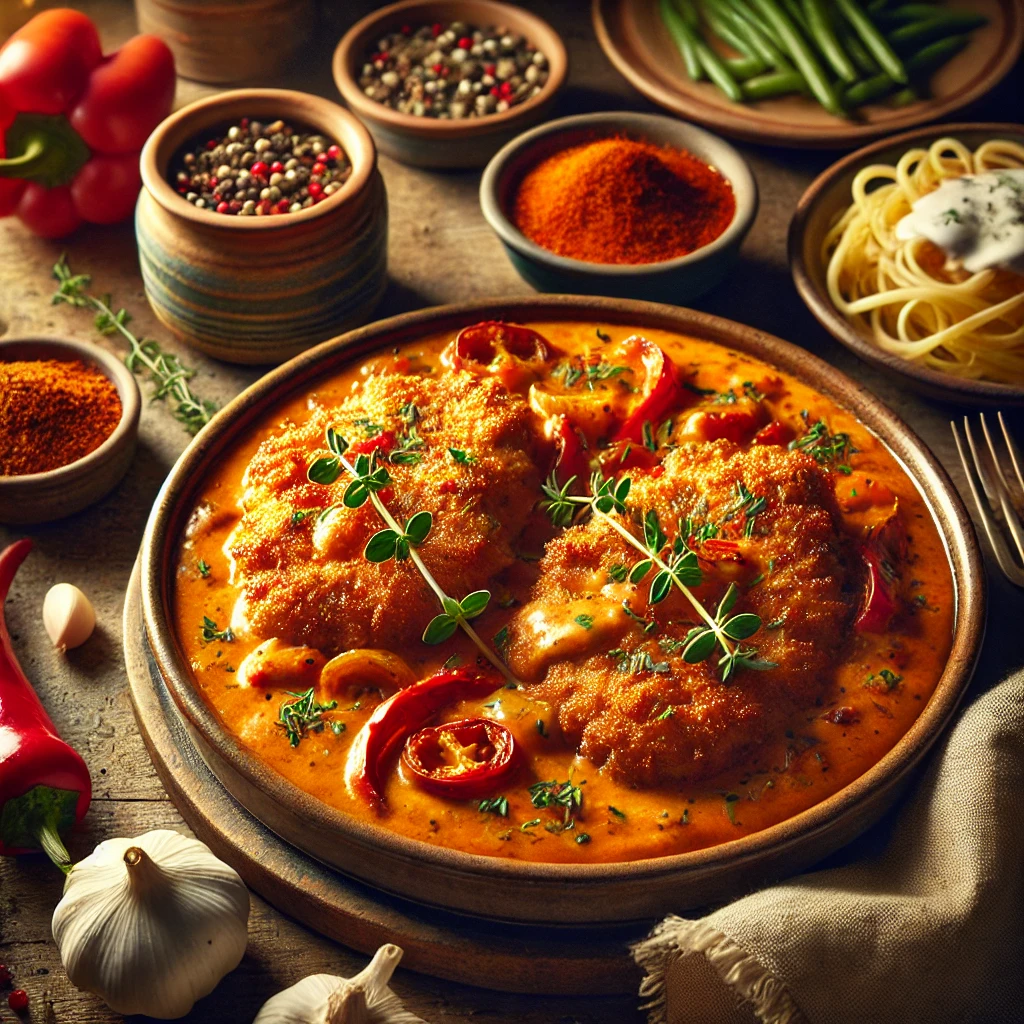 Gebakken schnitzels in een romige oranje paprikasaus met paprika, knoflook, ui en crème fraîche, geserveerd met pasta en snijbonen op een houten tafel.