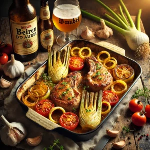 Ovenschotel met malse schouderkarbonades gemarineerd in Bière d'Aubel, geserveerd op een bed van geroosterde venkel en tomaat, gegarneerd met tijm en een honing-biersaus, op een houten tafel met verse ingrediënten eromheen.