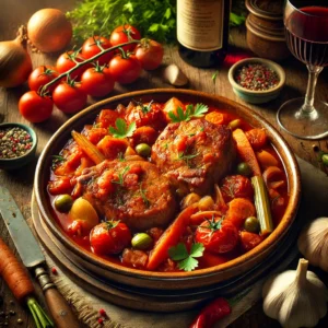 Malse schouderkarbonades gestoofd in tomatensaus met ui, wortel, bleekselderij, Provençaalse kruiden en rode wijn, geserveerd in een rustiek bord op een houten tafel.