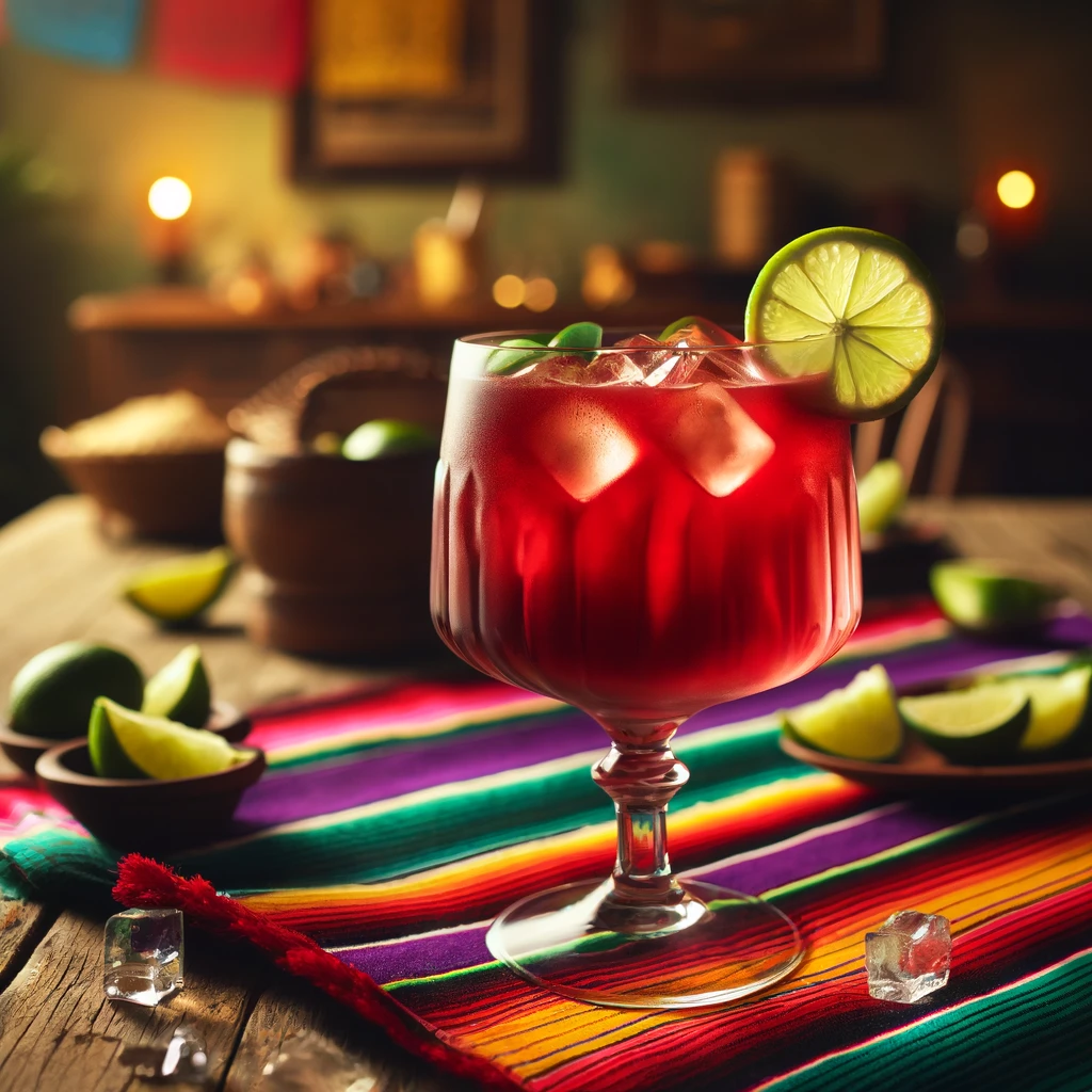De Sex and the City cocktail is nu prachtig gepresenteerd in een Mexicaanse stijl! Het drankje heeft een diepe rode kleur, een gladde textuur en is gegarneerd met een verse limoen op de rand van het glas. De setting straalt een feestelijke sfeer uit met kleurrijke Mexicaanse textielpatronen, verspreide limoenschijfjes en sfeervolle verlichting. 🍹✨🌺