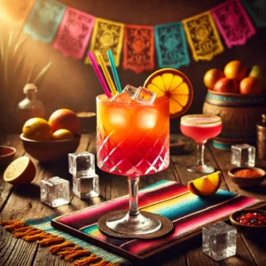 De Sex on the Beach cocktail straalt nu een prachtige Mexicaanse sfeer uit! Het drankje toont een levendig kleurverloop van oranje, roze en rood, met ijsblokjes die de frisse uitstraling versterken. Het glas is elegant gegarneerd met een citroenschijf en twee kleurrijke rietjes. De setting is aangekleed met levendige Mexicaanse textielpatronen, citruspartjes en sfeervolle verlichting. 🍹✨🌺