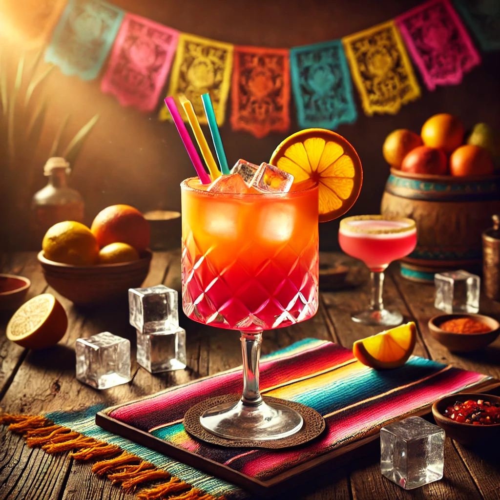 De Sex on the Beach cocktail straalt nu een prachtige Mexicaanse sfeer uit! Het drankje toont een levendig kleurverloop van oranje, roze en rood, met ijsblokjes die de frisse uitstraling versterken. Het glas is elegant gegarneerd met een citroenschijf en twee kleurrijke rietjes. De setting is aangekleed met levendige Mexicaanse textielpatronen, citruspartjes en sfeervolle verlichting. 🍹✨🌺