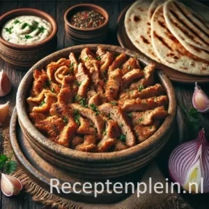Een hyperrealistische foodfoto van shoarma van varkensfilet, gekruid en goudbruin gebakken, geserveerd in een kom op een donkere houten tafel met pita, knoflooksaus en uien eromheen.