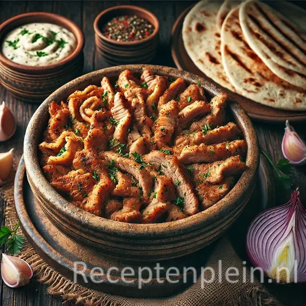 Een hyperrealistische foodfoto van shoarma van varkensfilet, gekruid en goudbruin gebakken, geserveerd in een kom op een donkere houten tafel met pita, knoflooksaus en uien eromheen.