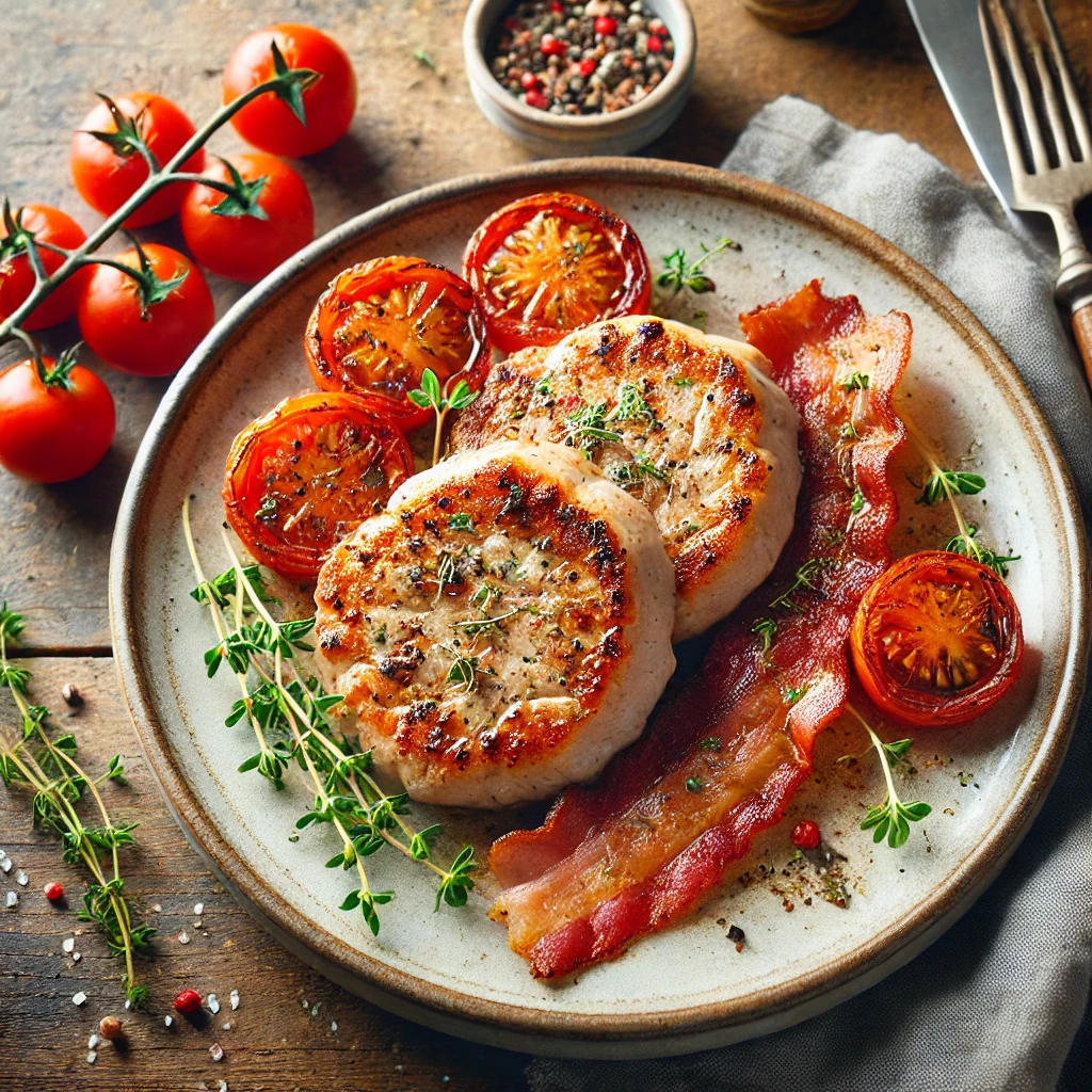 Gebakken varkensfiletlapjes met krokante bacon en gestoofde tomaten op een rustieke houten tafel, gegarneerd met verse kruiden.