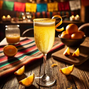 De Southern Bubbles cocktail is nu prachtig gepresenteerd in een verfijnd champagneglas, met een warme gouden tint en delicate bubbels die naar boven stijgen. Het glas is subtiel gegarneerd met een sinaasappelschil, terwijl de achtergrond straalt met levendige Mexicaanse textielpatronen, citruspartjes en sfeervolle verlichting. 🍾✨🌺