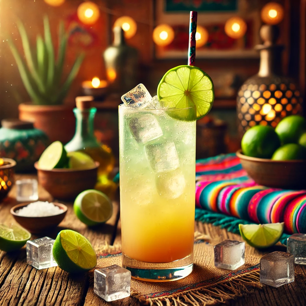 Een verfrissende Soviet Sunset cocktail, geserveerd in een hoog longdrinkglas op een rustieke houten tafel. De cocktail toont een zachte kleurverloop van lichtgeel naar groen, gevuld met ijsblokjes en bruisende sodabelletjes. Het glas is afgewerkt met een schijfje limoen en een kleurrijk roerstaafje. De setting is aangekleed met verspreide limoenschijfjes, ijsblokjes en sfeervolle verlichting. 🍹🍋✨