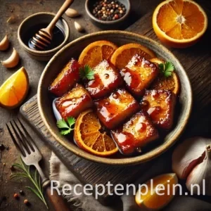 Een rustieke foodfoto van speklapjes met een glanzende ketjap-sinaasappelsaus, goudbruin en licht krokant, geserveerd in een kom op een donkere houten tafel met sinaasappel en knoflook eromheen.