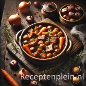 Een rustieke foodfoto van een stoofpot met mals varkensvlees, kastanjes, wortel en ui in een rijke bruine saus, geserveerd in een kom op een houten tafel met kastanjes en kruiden eromheen.