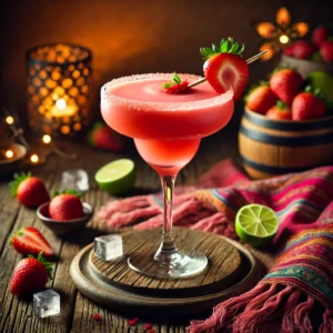 Een prachtig gepresenteerde Straw Hat cocktail, geserveerd in een elegant cocktailglas op een rustieke houten tafel. De cocktail heeft een levendige roze-rode kleur en een gladde, romige textuur. Het glas is gegarneerd met een verse aardbei en een dun schijfje limoen op de rand. De setting is aangekleed met verspreide aardbeien, limoenschijfjes en sfeervolle verlichting. 🍓🍹✨