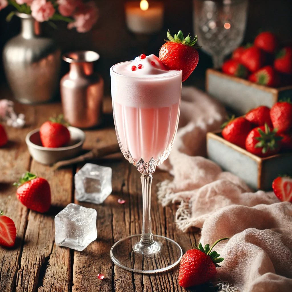 Een romige Strawberries & Cream cocktail, geserveerd in een elegant flute-glas op een rustieke houten tafel. De cocktail heeft een zachte roze kleur en een gladde, romige textuur. Het glas is afgewerkt met een verse aardbei op de rand. De setting bevat verspreide aardbeien, ijsblokjes en subtiele sfeerverlichting. 🍓🥂✨