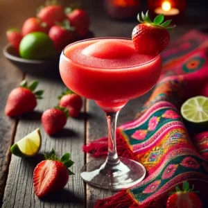 en prachtig gepresenteerde Strawberry Daiquiri, geserveerd in een elegant cocktailglas op een rustieke houten tafel. De cocktail heeft een levendige rode kleur en een romige, bevroren textuur. Het glas is gegarneerd met een verse aardbei en een dun schijfje limoen. De setting is aangekleed met verspreide aardbeien, limoenschijfjes en sfeervolle verlichting. ๐๐นโจ