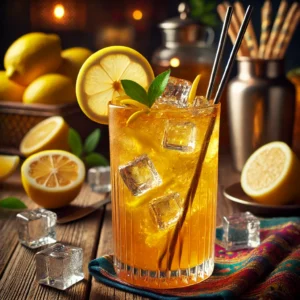 Een verfrissende Summer Jam cocktail, geserveerd in een hoog Ice Tea-glas op een rustieke houten tafel. De cocktail heeft een levendige goudgele kleur, gevuld met ijsblokjes en schijfjes citroen. Het glas is gegarneerd met een citroenpartje en een metalen roerstaafje. De setting bevat verspreide citrusschijfjes, ijsblokjes en sfeervolle verlichting. 🍹🍋✨