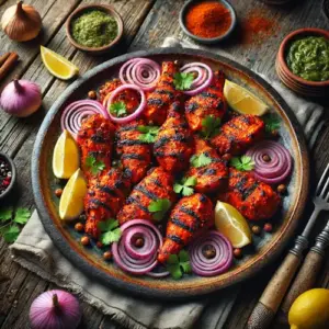 Tandoori chicken op rustieke houten tafel