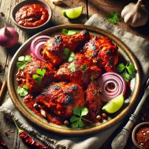 Tandoori murgh massaledarh op rustieke houten tafel