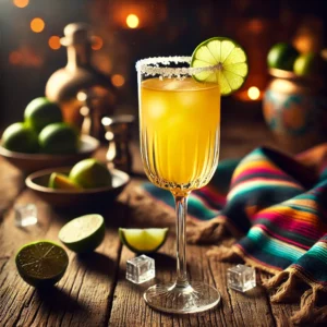 en elegant gepresenteerde Tequila Matador cocktail, geserveerd in een stijlvol flute-glas op een rustieke houten tafel. De cocktail heeft een levendige goudgele kleur en een glanzend oppervlak. Het glas is afgewerkt met een subtiele zoutrand en een dun schijfje limoen op de rand. De setting bevat verspreide limoenschijfjes, ijsblokjes en sfeervolle verlichting. 🍹🍋✨