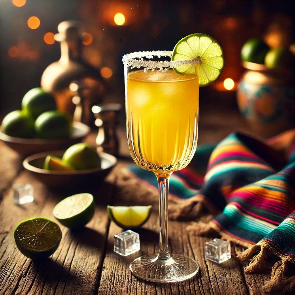 en elegant gepresenteerde Tequila Matador cocktail, geserveerd in een stijlvol flute-glas op een rustieke houten tafel. De cocktail heeft een levendige goudgele kleur en een glanzend oppervlak. Het glas is afgewerkt met een subtiele zoutrand en een dun schijfje limoen op de rand. De setting bevat verspreide limoenschijfjes, ijsblokjes en sfeervolle verlichting. 🍹🍋✨