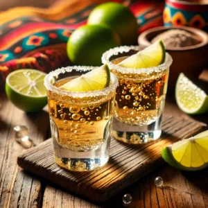 Twee stijlvolle Tequila Slammer cocktails, geserveerd in kleine borrelglaasjes op een rustieke houten tafel. De drank heeft een heldere, goudachtige kleur met zichtbare bubbels van de 7-Up. Naast de glaasjes liggen schijfjes limoen. De setting is sfeervol aangekleed met verspreide limoenschijfjes, decoratieve patronen en warme sfeerverlichting. 🍋🥃✨