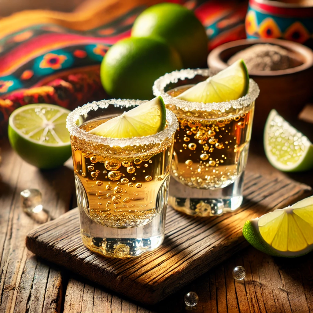 Twee stijlvolle Tequila Slammer cocktails, geserveerd in kleine borrelglaasjes op een rustieke houten tafel. De drank heeft een heldere, goudachtige kleur met zichtbare bubbels van de 7-Up. Naast de glaasjes liggen schijfjes limoen. De setting is sfeervol aangekleed met verspreide limoenschijfjes, decoratieve patronen en warme sfeerverlichting. 🍋🥃✨