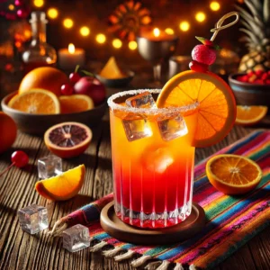 Een prachtig gepresenteerde Tequila Sunrise cocktail, geserveerd in een hoog longdrinkglas op een rustieke houten tafel. De drank toont een levendige overgang van oranje naar rode tinten, met ijsblokjes verspreid door het glas. Het glas is gegarneerd met een schijfje sinaasappel, een kers en een kleurrijk roerstaafje. De setting is aangekleed met verspreide citruspartjes, warme sfeerverlichting en decoratieve patronen. 🍹🍊✨