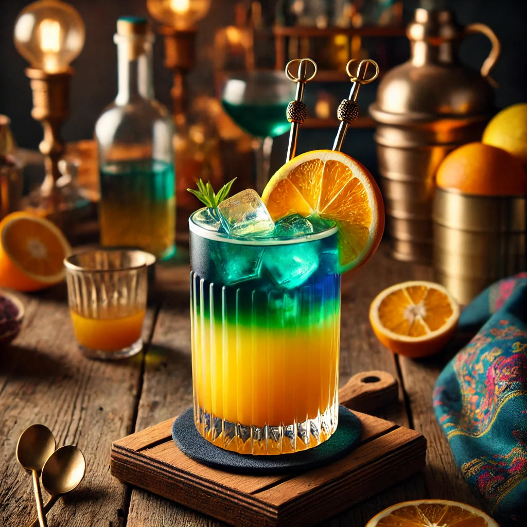 Een opvallende cocktail genaamd 'The Mouse', geserveerd in een hoog longdrinkglas op een rustieke houten tafel. De cocktail toont levendige lagen van blauw, groen en goudoranje, met ijsblokjes verspreid door het glas. Het drankje is afgewerkt met twee metallic rietjes. De setting bevat verspreide citrusschijfjes, decoratieve patronen en warme sfeerverlichting. 🍹✨🍊