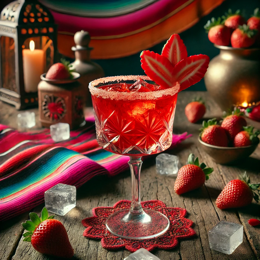 Een stijlvolle Valentine cocktail, geserveerd in een elegant cocktailglas op een rustieke houten tafel. De cocktail heeft een rijke rode kleur en een glanzend oppervlak. Het glas is gegarneerd met een uitgewaaierde aardbei op de rand. De setting is aangekleed met verse aardbeien, ijsblokjes, decoratieve patronen en sfeervolle verlichting. 🍓🍸✨